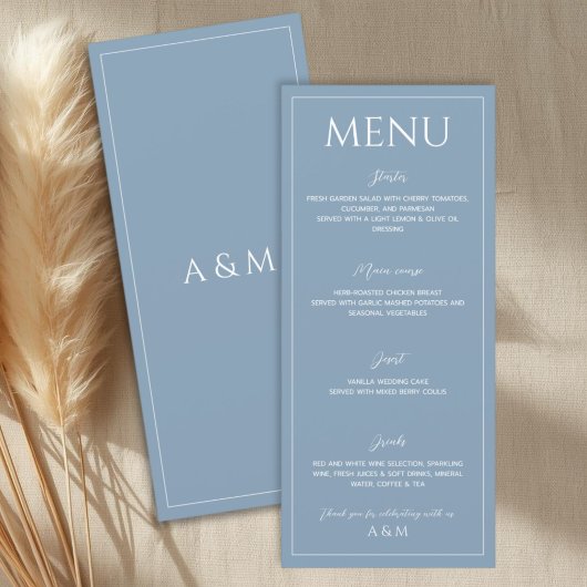 Modern dusty blue minimalist wedding menu