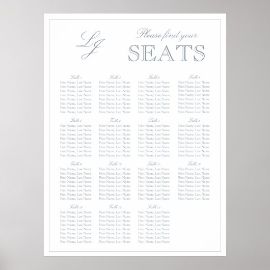 Modern Dusty Blue Monogram Script Wedding Seat Poster (Voorkant)