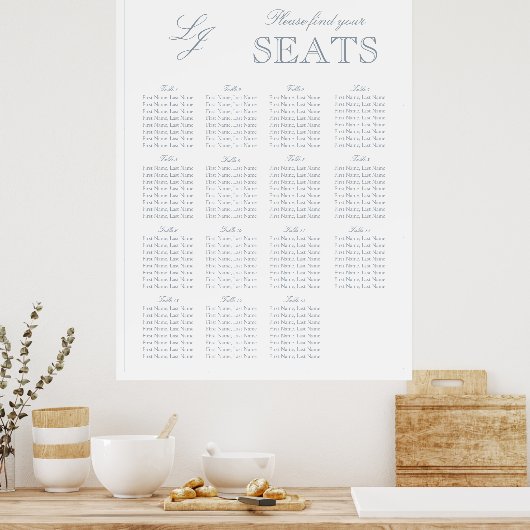 Modern Dusty Blue Monogram Script Wedding Seat Poster (Keuken)