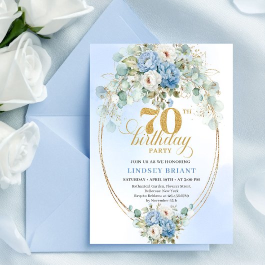 Modern Dusty Blue Peonies 70th Birthday Invitation