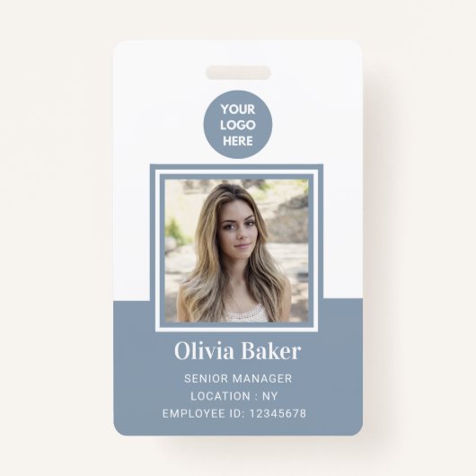 Modern Dusty Blue Photo ID Business Logo Employee Badge (Voorkant)