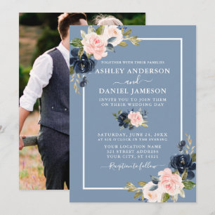 Modern Dusty Blue Pink Blush Bloemen Foto Bruiloft Kaart