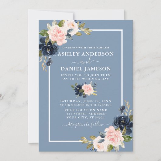 Modern Dusty Blue Pink Blush Floral Wedding Kaart (Voorkant)