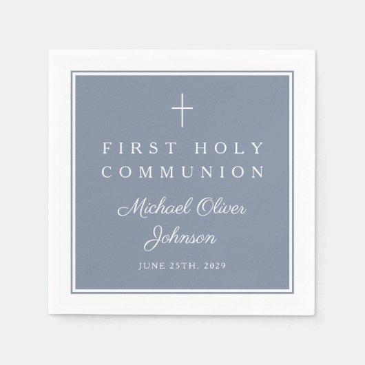 Modern Dusty Blue Religious Boy First Communion Servet (Voorkant)
