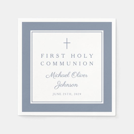 Modern Dusty Blue Religious Boy First Communion Servet (Voorkant)
