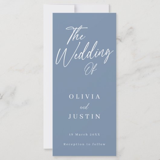 Modern Dusty Blue Script bruiloft programma (Voorkant)