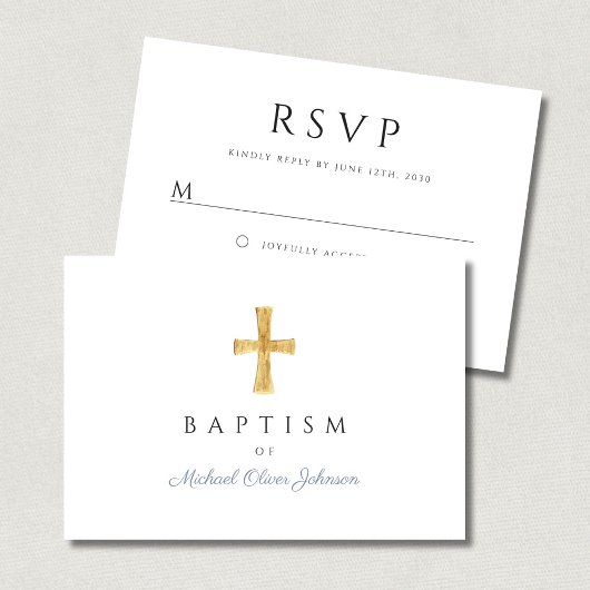 Modern Dusty Blue Script Cross Boy Doop RSVP Kaartje
