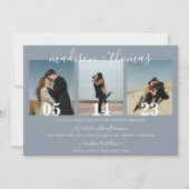 Modern Dusty Blue Script Photo Collage Wedding Kaart (Voorkant)