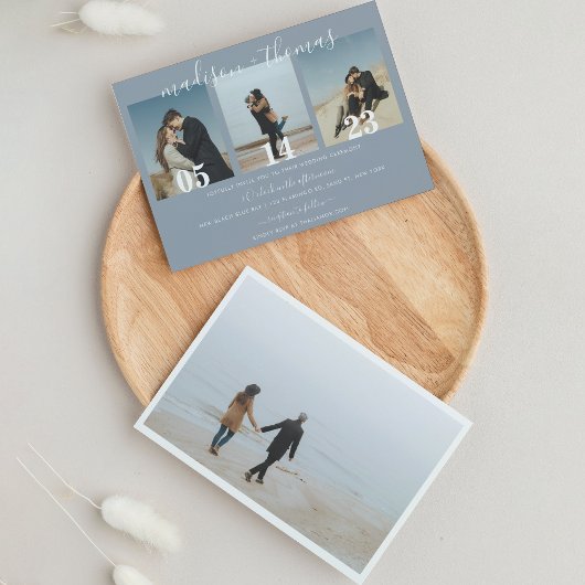 Modern Dusty Blue Script Photo Collage Wedding Kaart