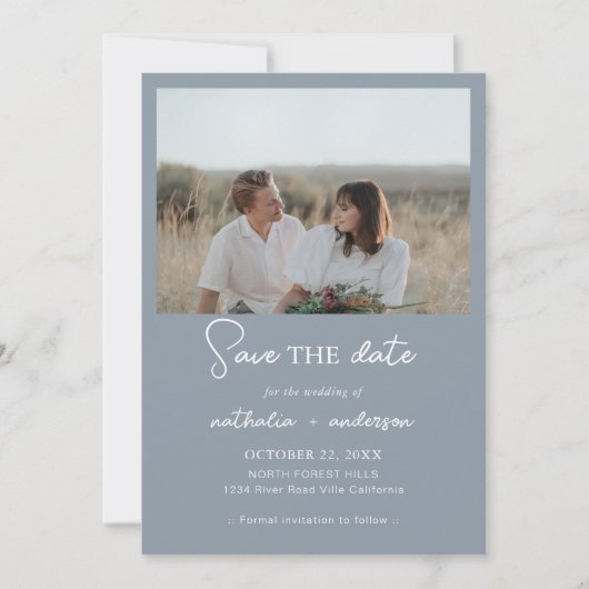 Modern Dusty Blue Script Photo Save the Date Kaart (Voorkant)