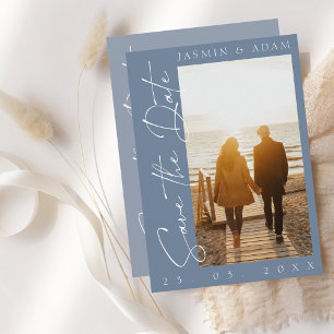 Modern Dusty Blue Script Photo Wedding Save The Date