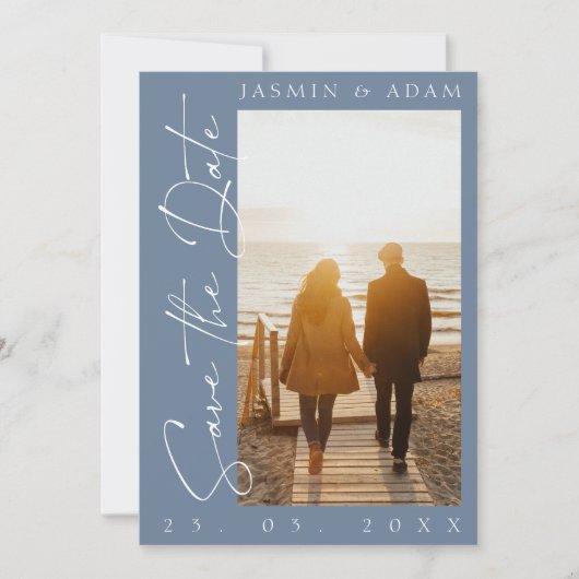 Modern Dusty Blue Script Photo Wedding Save The Date (Voorkant)