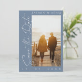 Modern Dusty Blue Script Photo Wedding Save The Date (Staand voorkant)