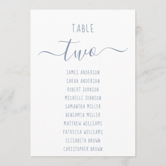 Modern Dusty Blue Script White Seating Chart Card (Achterkant)