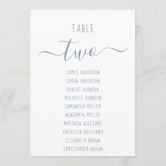 Modern Dusty Blue Script White Seating Chart Card (Voorkant)