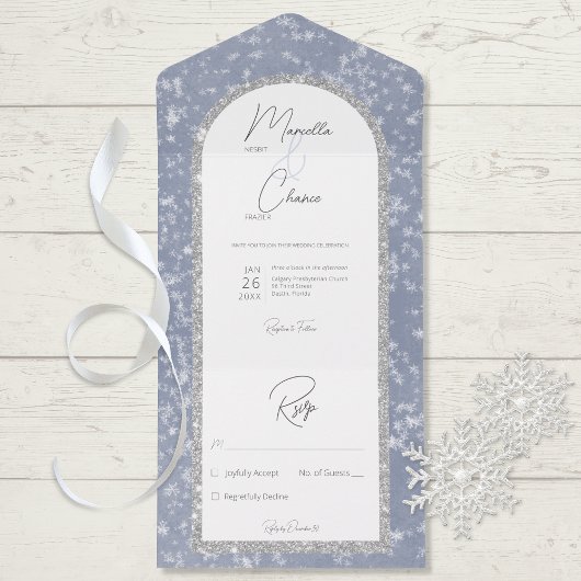 Modern Dusty Blue & Silver Glitter Sneeuw Geen Din All In One Uitnodiging