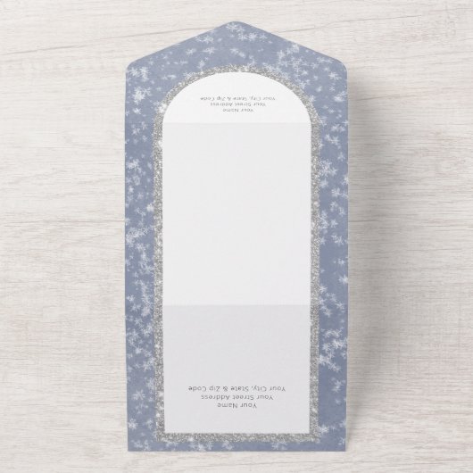 Modern Dusty Blue & Silver Glitter Sneeuwdiner All In One Uitnodiging (Buitenkant)