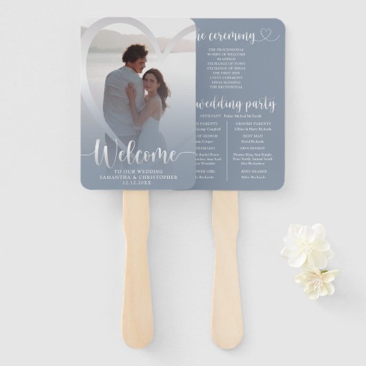 Modern Dusty Blue & Silver Heart Trouwprogramma Handwaaier (Voorkant en achterkant)