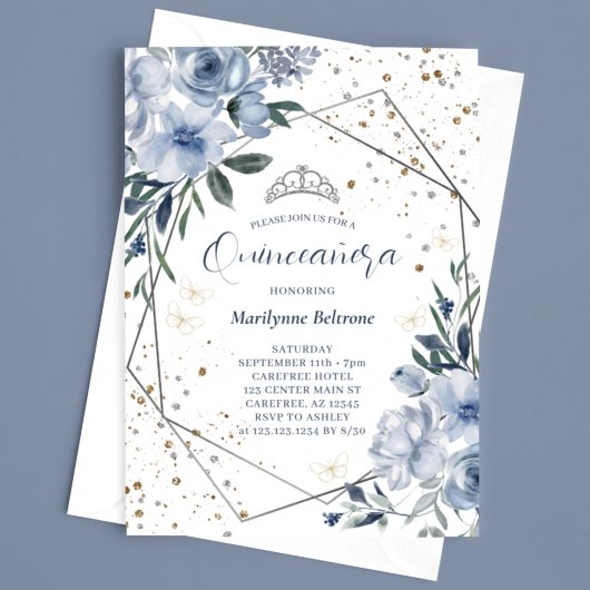 Modern Dusty Blue Silver Quinceañera Kaart
