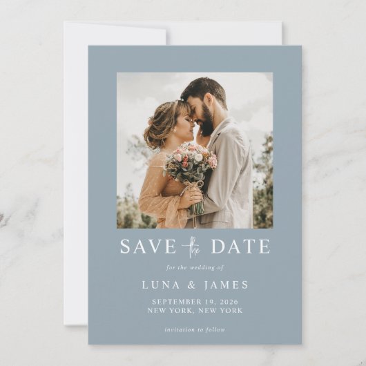 Modern Dusty Blue Simple Photo Wedding Save The Date (Voorkant)