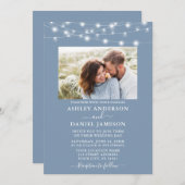 Modern Dusty Blue String Lights Photo Wedding Kaart (Voorkant / Achterkant)