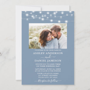 Modern Dusty Blue String Lights Photo Wedding Kaart