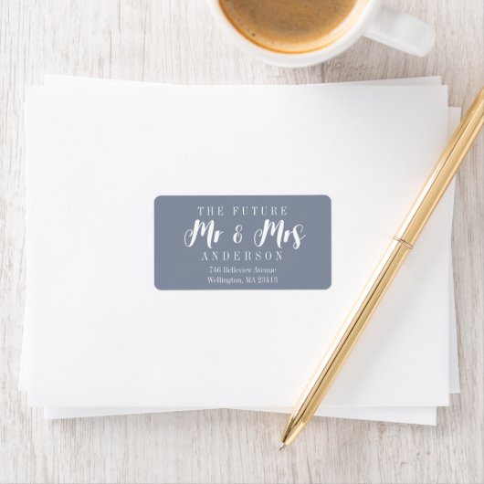 Modern Dusty Blue The Future Mr en Mrs Script Etiket (Insitu)
