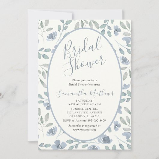 Modern Dusty Blue Watercolor Bridal Shower Kaart (Voorkant)