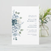 Modern Dusty Blue Waterverf Floral Wedding Kaart (Staand voorkant)