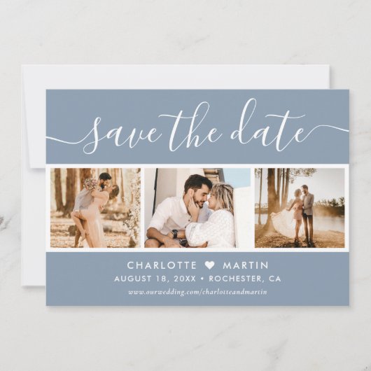 Modern Dusty Blue Wedding 4 Foto Save The Date (Voorkant)