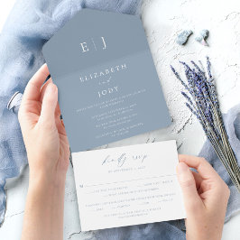 Modern Dusty Blue Wedding  All In One Uitnodiging