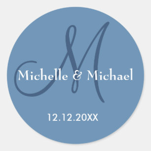 Modern Dusty Blue Wedding Monogram Ronde Sticker