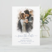 Modern Dusty Blue Wedding Photo Save the Date (Staand voorkant)
