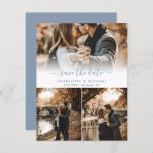 Modern Dusty Blue Wedding Photo Save the Date Kaar Aankondiging