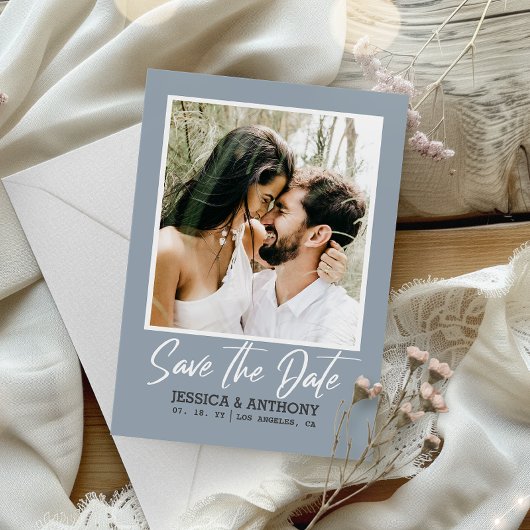 Modern Dusty Blue Wedding | QR-code Opslaan datum Kaart