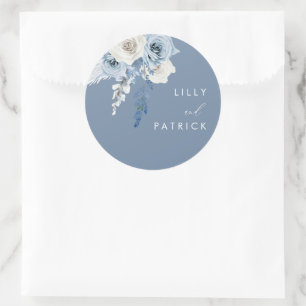 Modern Dusty Blue & White Floral Wedding Ronde Sticker