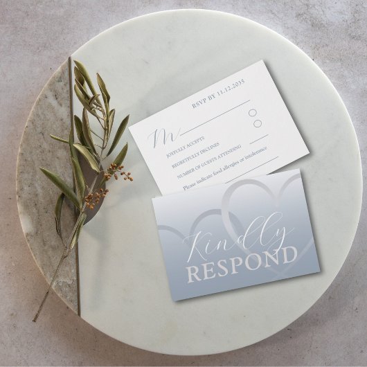 Modern Dusty Blue & White Heart RSVP Bruiloft Kaartje