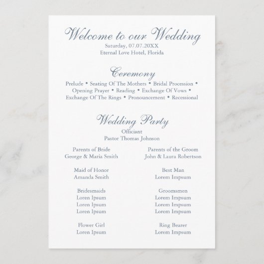 Modern Dusty Blue Wildflower huwelijksprogramma Programma (Achterkant)