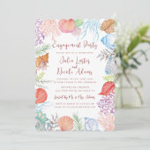 Modern Dusty Blue Zee Shell Beach Engagement Party Kaart (Staand voorkant)