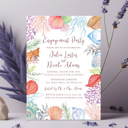 Modern Dusty Blue Zee Shell Beach Engagement Party Kaart