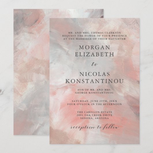 Modern Dusty Coral Abstract Brush Strokes Wedding Kaart (Voorkant / Achterkant)