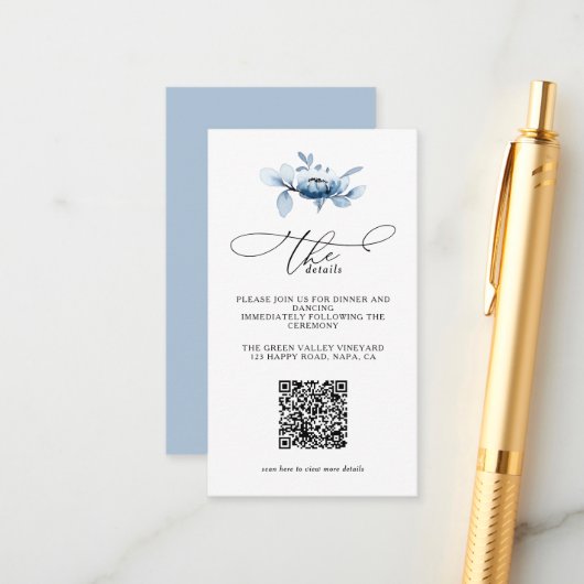 Modern Dusty Floral QR Code Wedding Details Informatiekaartje (Voorkant / Achterkant in situ)