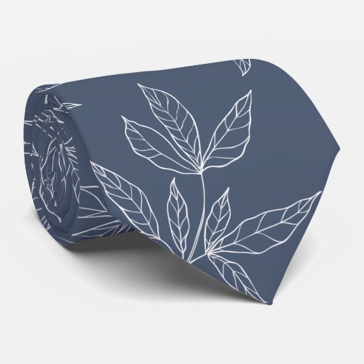 Modern Dusty Gray Navy & White Peony Leaf Wedding Stropdas (Opgerold)