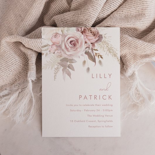 Modern Dusty Roos & Blush Roos Wedding Kaart