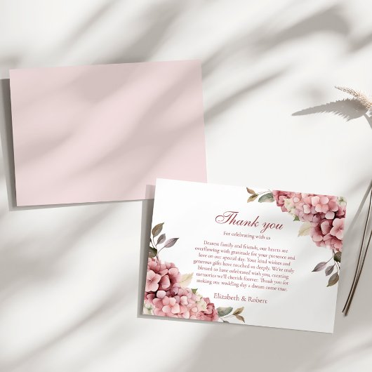 Modern Dusty Roos Hydrangea Bruiloft Bedankkaart