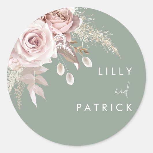 Modern Dusty Rose Blush & Sage Wedding Ronde Sticker (Voorkant)