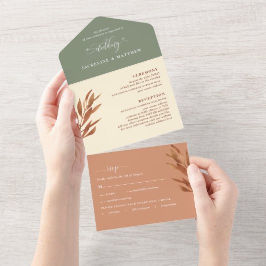 Modern Earth Tone Wedding w/ Perforated RSVP All In One Uitnodiging (Afscheurbaar)