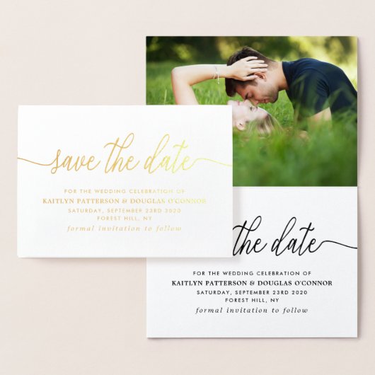 Modern ECHT FOLIE script Save the Date Gold Kaarten (Display)