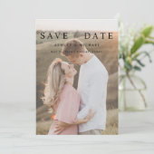 Modern eenvoudig 3 foto Elegant Script Verloving Save The Date (Staand voorkant)