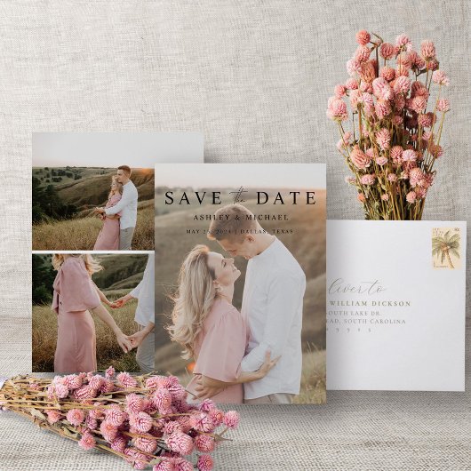 Modern eenvoudig 3 foto Elegant Script Verloving Save The Date